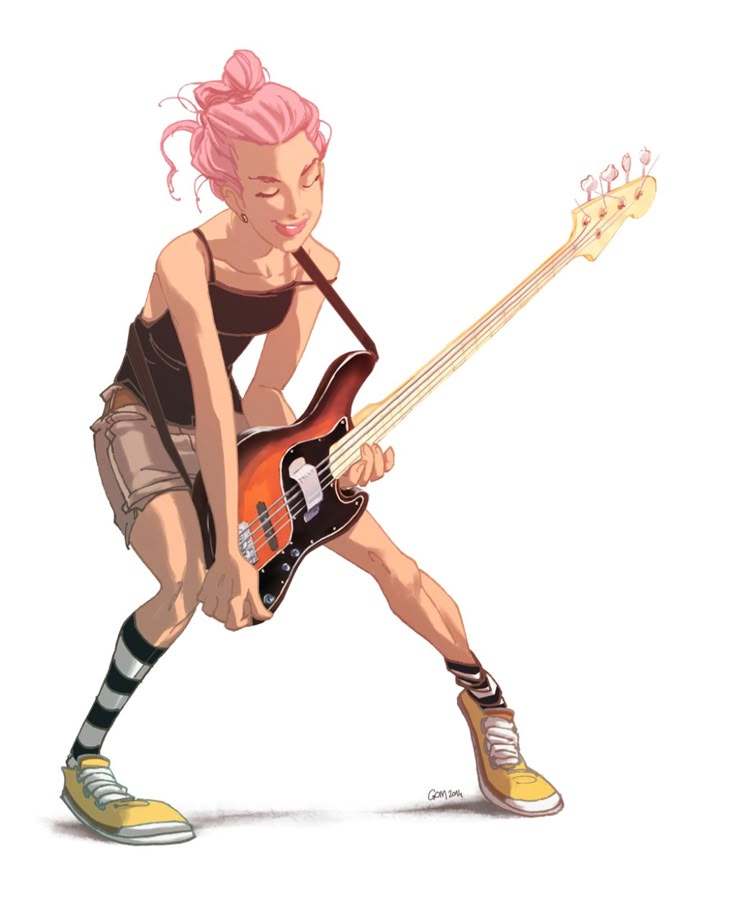 a woman with pink hair is playing an electric guitar while wearing striped socks and yellow tennis shoes