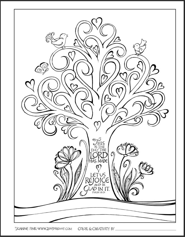 a coloring page with an image of a tree in the middle and hearts on it