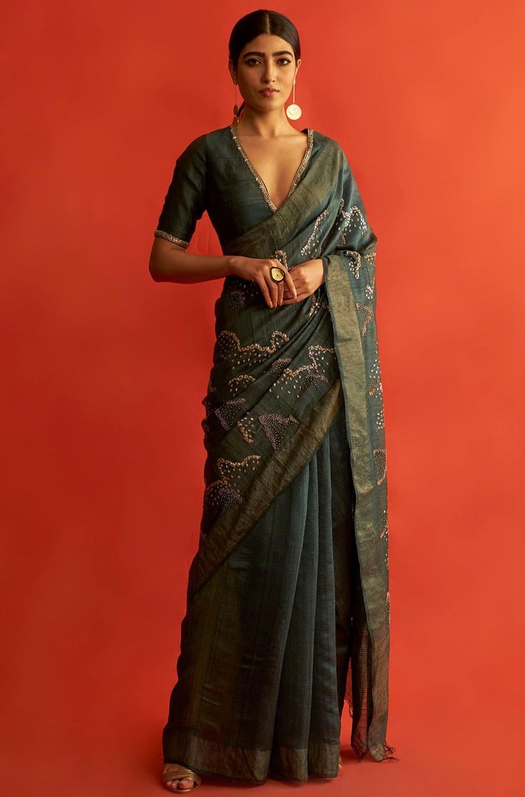 Saksham & Neharicka-Emerald Green Saree With Blouse-INDIASPOPUP.COM Graduation Saree, Emerald Green Saree, Olive Green Saree, Emerald Green Fabric, Indian Fits, Full Sleeve Blouse, Plain Saree, Silk Saree Blouse Designs, Yellow Saree