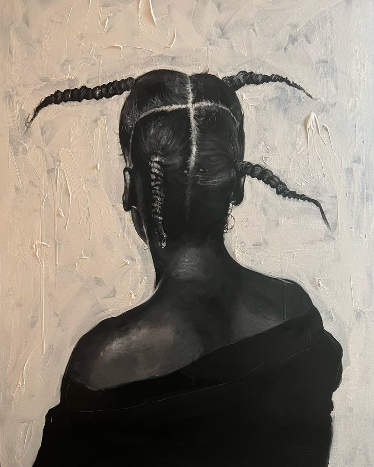 a painting of a woman with braids in her hair, against a white background