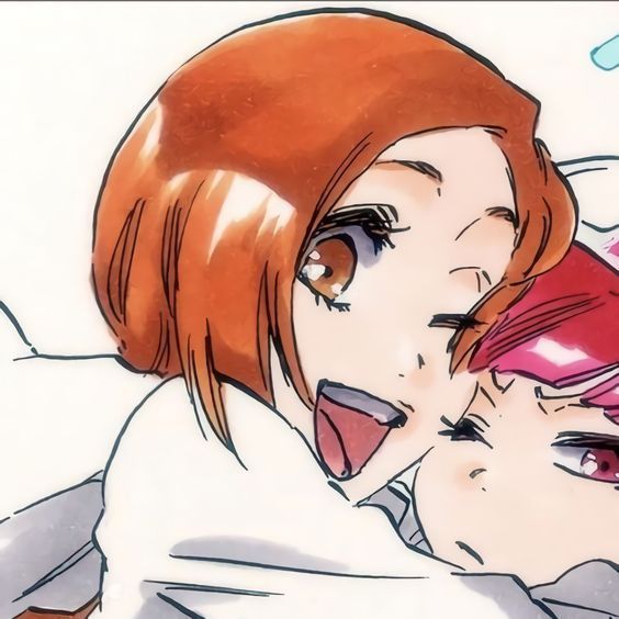 two anime characters one with red hair and the other with blue eyes are hugging each other