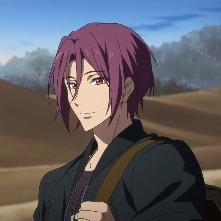 an anime character with pink hair and blue eyes standing in front of a desert landscape