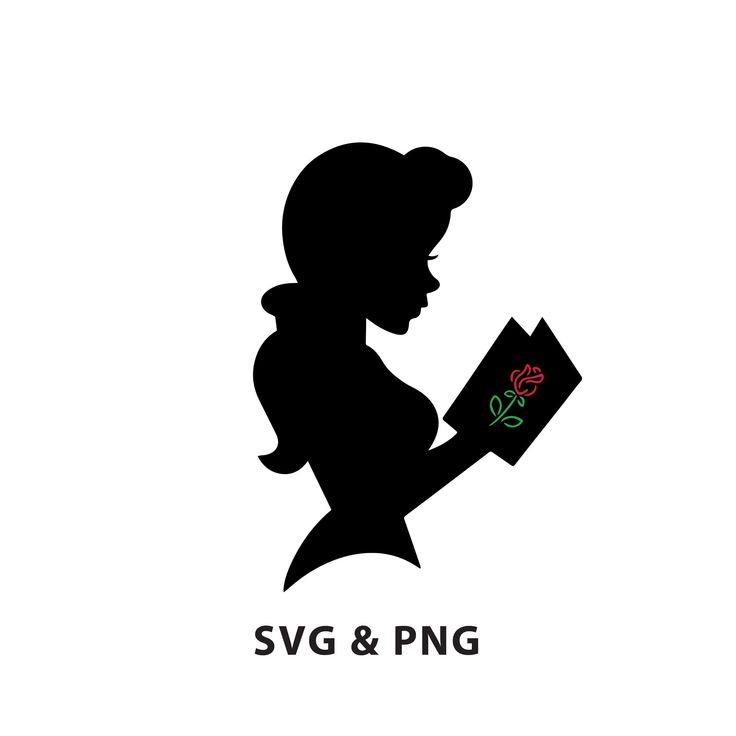 the silhouette of a woman reading a book with a rose in her hand and text svg & png