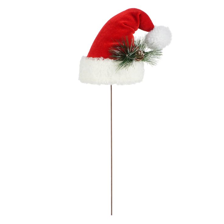 a santa hat on top of a wooden stick