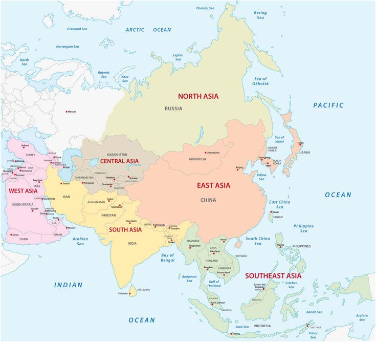 a map of asia with countries labeled in red and yellow, including the east asia