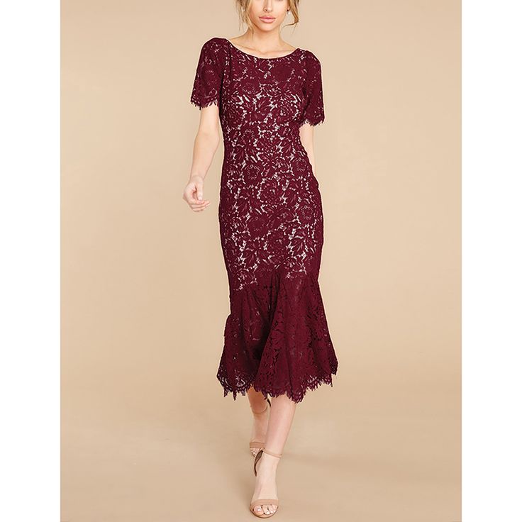 Wine Red Lace Low Back Mermaid Party Dress Red Mermaid Hem Dress For Party Season, Red Mermaid Dress For Party, Red Mermaid Hem Party Dress, Red Fitted Evening Dress For Wedding Guest, Fitted Mermaid Hem Evening Dress For Wedding Guest, Elegant Holiday Dress With Mermaid Hem, Elegant Short Sleeve Mermaid Dress For Party, Fitted Red Midi Dress For Wedding Guest, Elegant Holiday Mermaid Dress