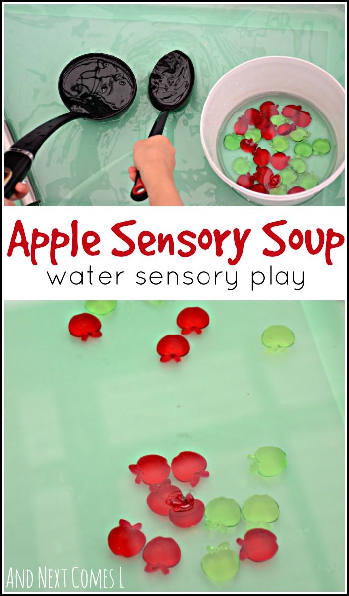 an apple and oreosy soup is shown with the words, water sensory play