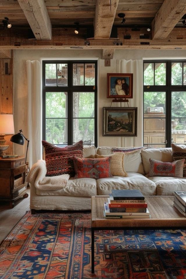 a living room filled with lots of furniture next to two large windows and a rug on the floor