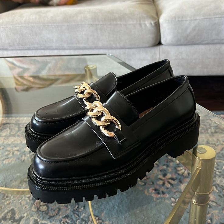 Brand New With Tags. Chic Black Platform Loafers, Chic Black Loafers With Chunky Platform, Chic Black Platform Loafers For Work, Chic Black Platform Loafers With Lug Sole, Chic Black Platform Loafers For Fall, Chunky Black Loafers, Shoes Chunky, H&m Shoes, Black Loafers