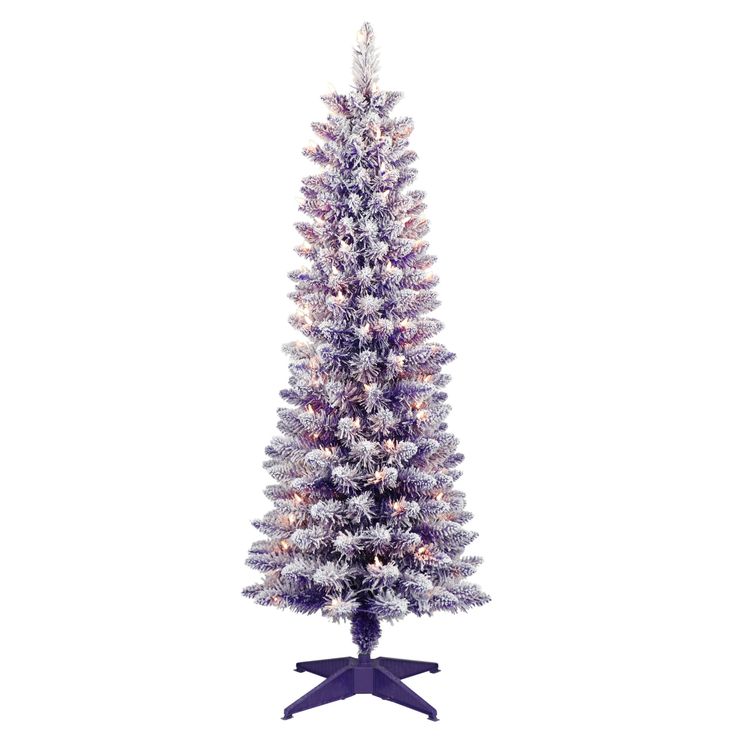 a purple and white christmas tree with lights on the top, in front of a white background