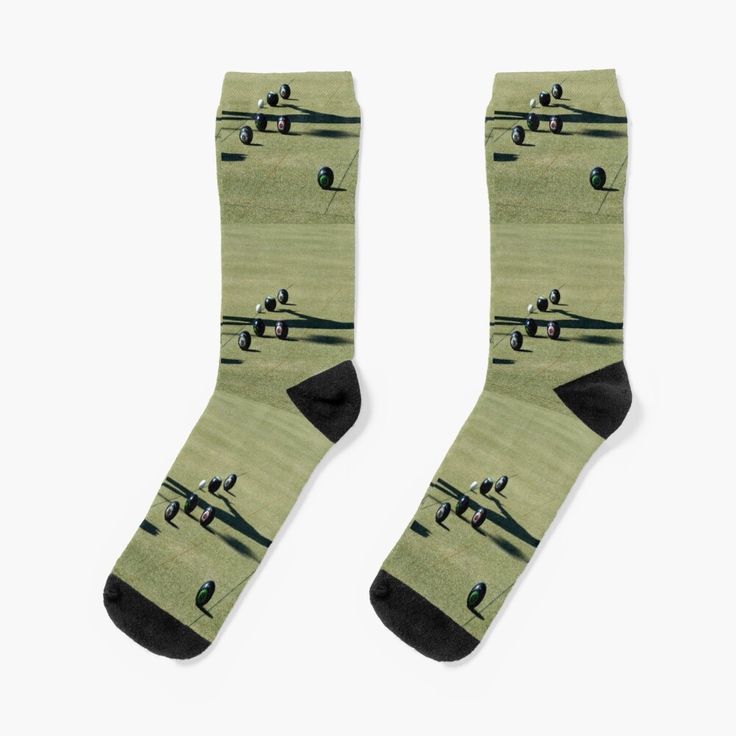 Super soft all-over printed knit socks with extra cushioning in the sole. Suitable for men and women. Pictured is a competition game of lawn bowls with the bowl all close to the jack. Lawn Bowls, Competition Games, The Jack, Designer Socks, Socks For Sale, Knit Socks, Bowling, Knitting Socks, Crew Socks