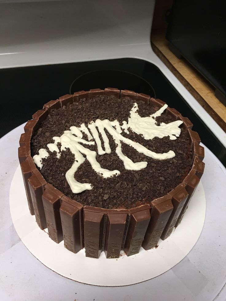 there is a chocolate cake with white frosting in the shape of a t - rex