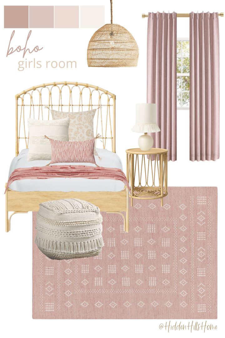 Cute boho girls bedroom decor mood board with pink and beige tones! Boho Shared Girls Room, Boho Bedroom Girl Rooms, Kids Boho Room, Boho Toddler Girl Room, Bohemian Girls Bedroom, Boho Girls Bedroom, Pink Girl Room Decor, Girls Boho Bedroom, Boho Girls Room