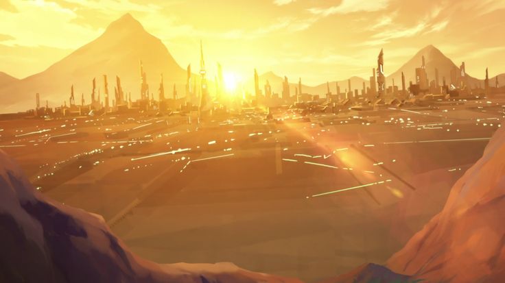 the sun is setting over a futuristic city