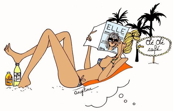 a drawing of a woman laying on the beach reading a newspaper and holding a bottle