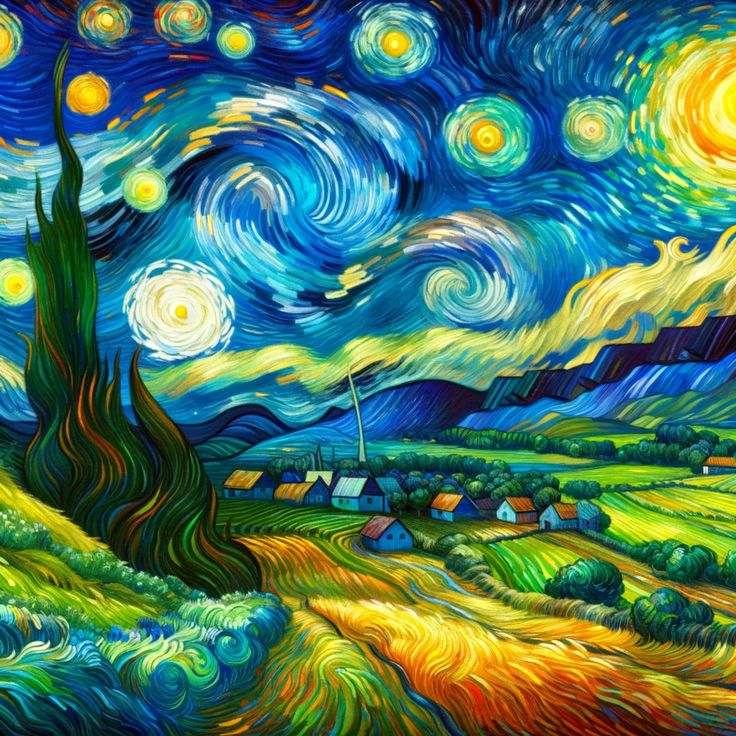 a painting of a starry night with trees and houses