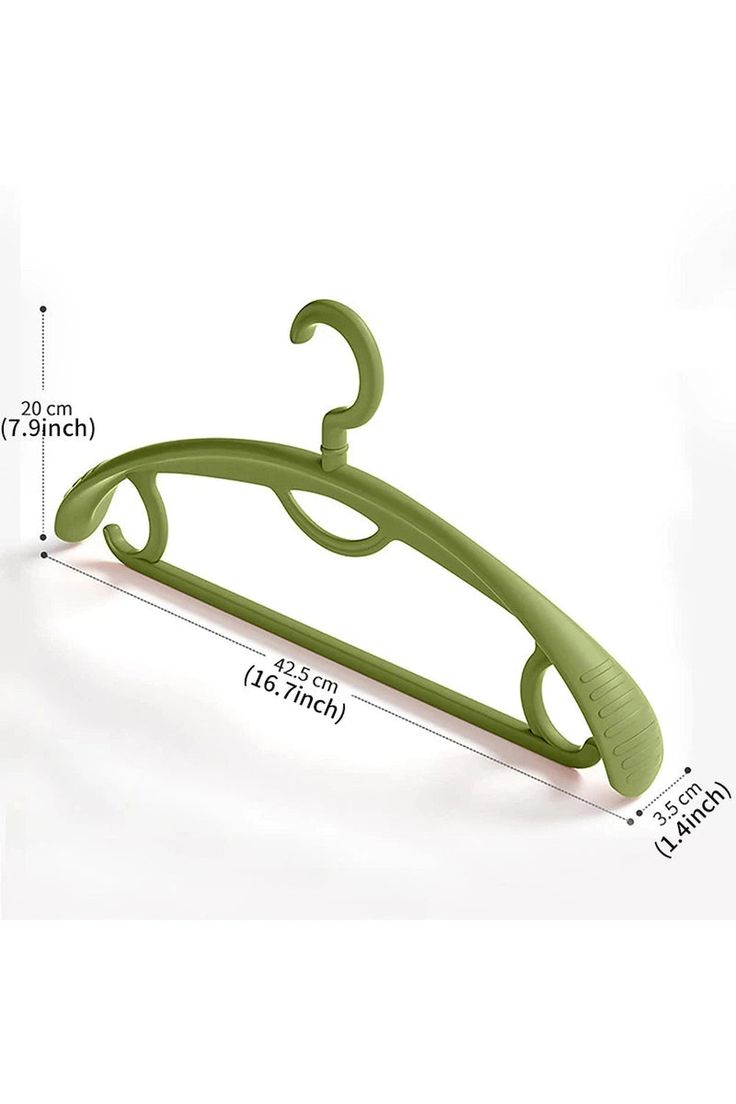 a green plastic hanger on a white background with measurements for the top and bottom