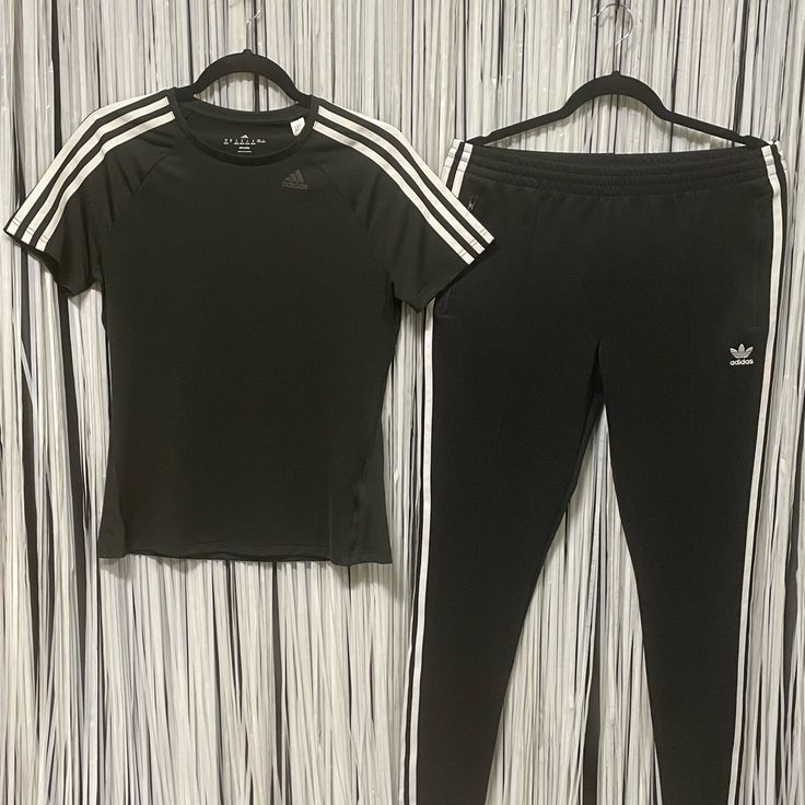 Women’s Adidas Climalite Set. Includes Top And Pants. Top Is A Black Crewneck Pullover With Short Sleeves And White Stripes On Both Shoulders. Pants Are Pull On With Front Zipper Pockets And White Stripes Down Both Sides. Adidas Logo On Both. Size Medium. Functional Adidas Activewear With Three Stripes, Adidas Activewear With Side Stripes For Gym, Casual Activewear For Running With Three Stripes Branding, Adidas Casual Activewear For Running, Casual Adidas Activewear For Running, Adidas Sportswear With Side Stripes, Fitted Running Activewear With Three Stripes, Fitted Activewear With Side Stripes For Sports, Fitted Running Activewear