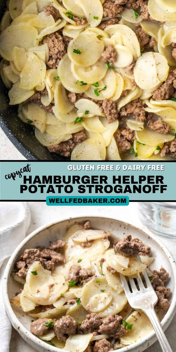 two pictures showing different types of food in a skillet and on the same plate