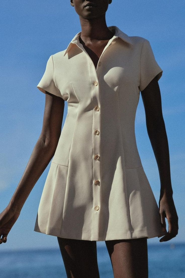 MINI SHIRT DRESS - Ecru | ZARA United States January 2024, Polo Neck, Line Dress, Mini Shirt Dress, Polo Dress, Skorts, Collar Dress, Swimwear Accessories, Linen Shirt