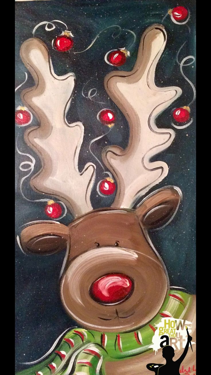 a painting of a reindeer with christmas lights on it's antlers and nose