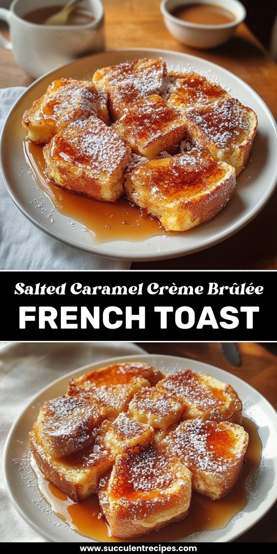 Indulge in this Crème Brûlée French Toast with Salted Caramel! With a crispy, caramelized sugar topping and a rich, custardy center, this decadent breakfast is drizzled with salted caramel for the perfect sweet touch. Decadent French Toast, Caramel Pecan French Toast, French Toast Crispy, Salted Caramel French Toast, Creme Brulee French Toast Overnight, Overnight Crème Brûlée French Toast, Creme Brulee Croissant, Custard French Toast Recipe, Christmas French Toast