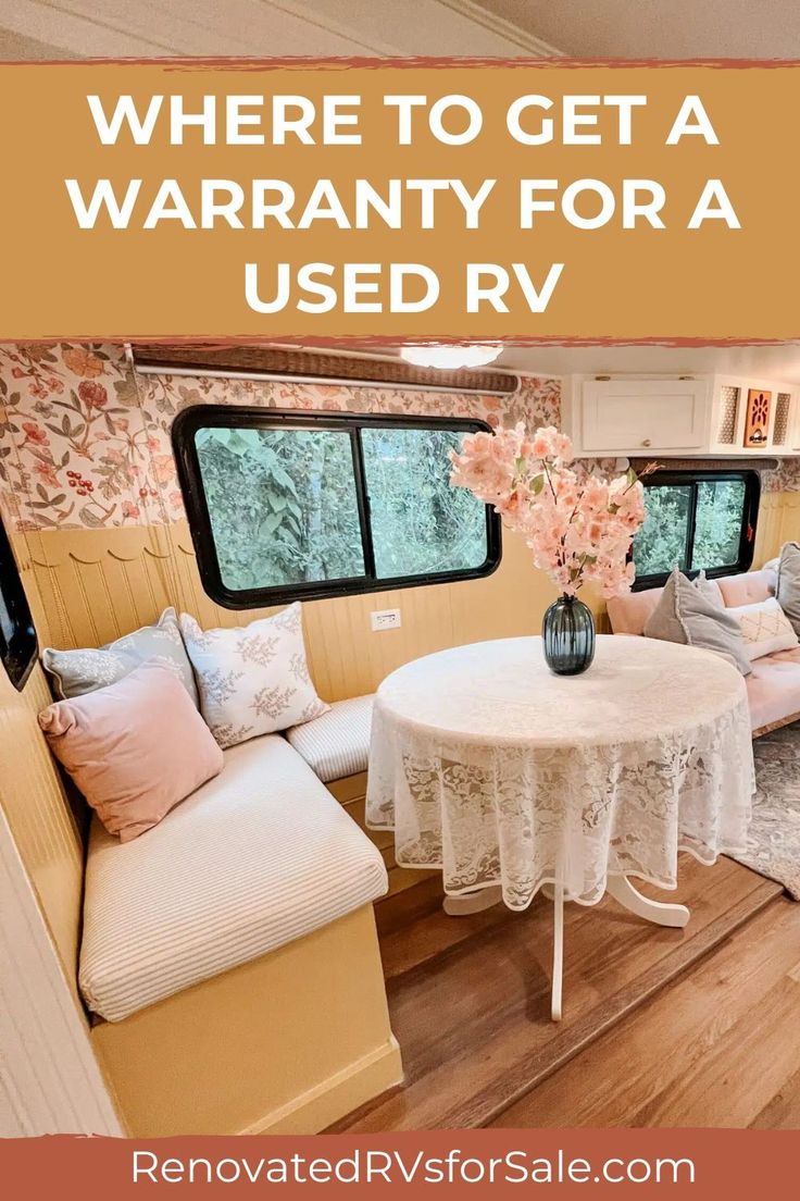 a living area with couches, table and windows in the background text reads where to get a warrant for a used rv