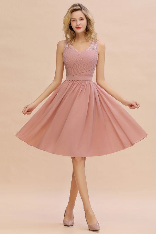 Elegant Ruffle Chiffon Short Bridesmaid Dress Sleeveless V-Neck Aline Knee Length Homecoming Dress - Dusty Pink / US 2 - Prom Dresses Ruffles Bridesmaid Dresses, Womens Bridesmaid Dresses, Knee Length Bridesmaid Dresses, Dusty Rose Bridesmaid Dresses, Knee Length Cocktail Dress, Mermaid Prom Dresses Lace, Rose Bridesmaid Dresses, Dusty Blue Bridesmaid Dresses, Pink Evening Dress