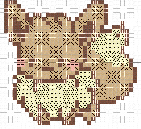 a cross stitch pattern of a teddy bear in brown and beige colors, with pink eyes