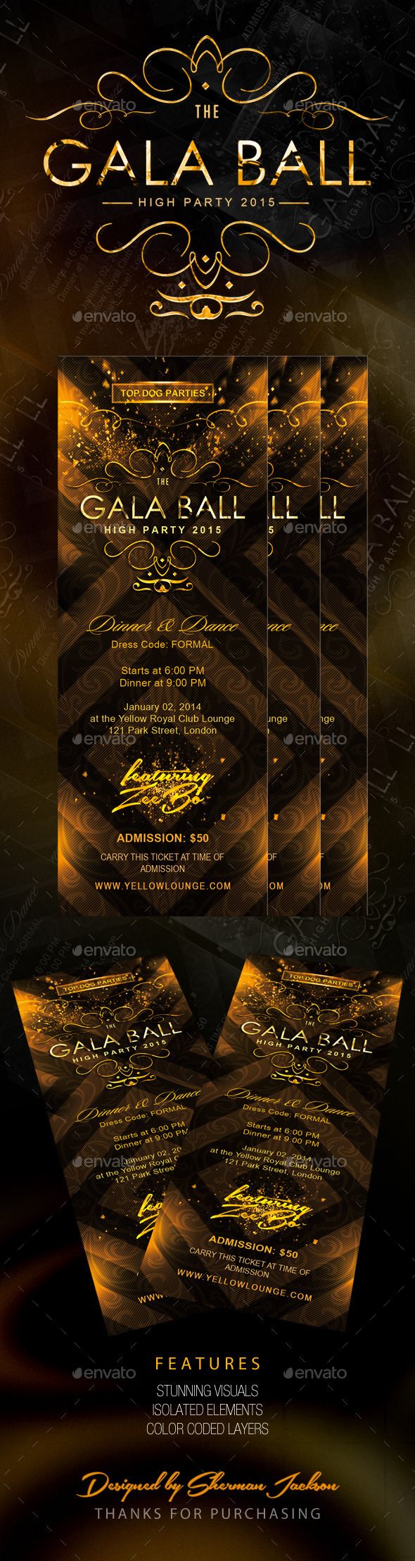 a poster for gala ball with gold and black colors