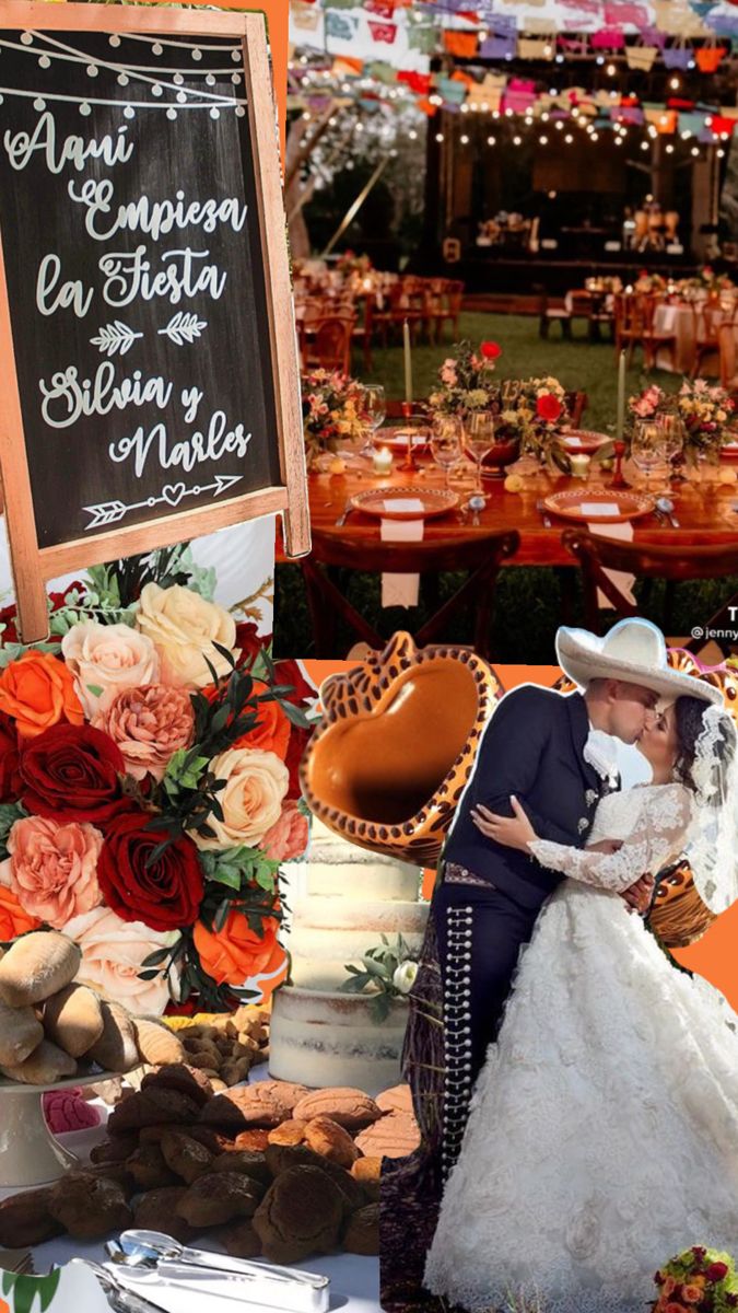 a bride and groom are kissing in front of a table full of food