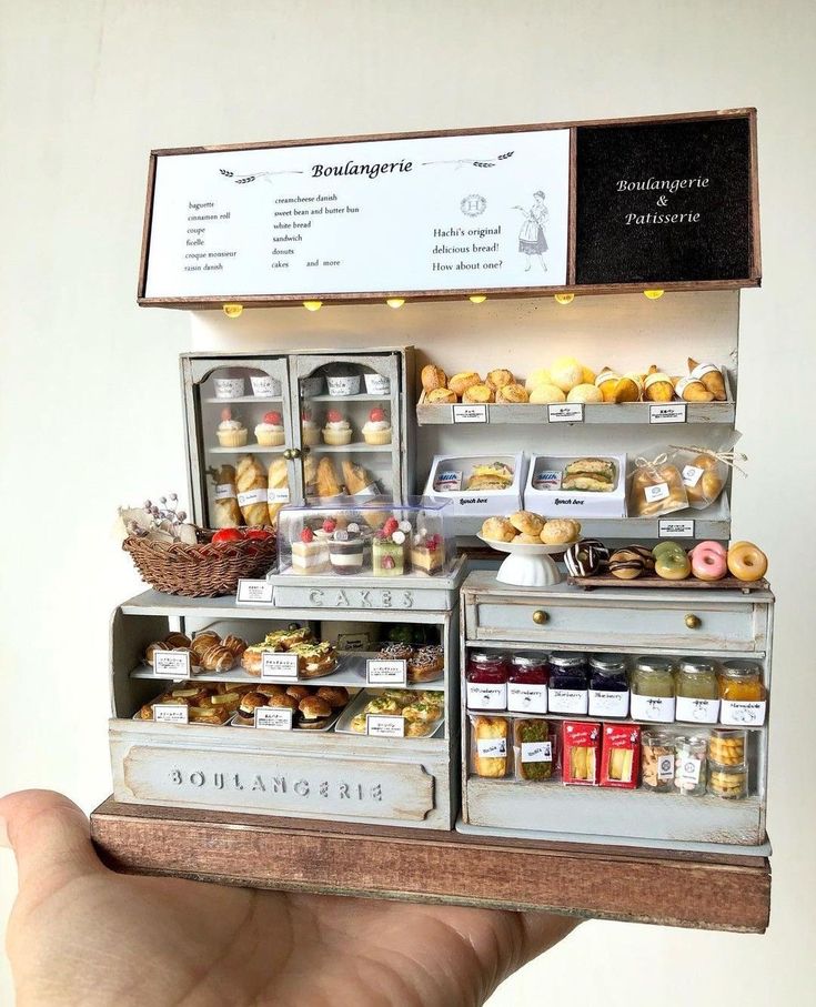 a miniature display case filled with donuts and pastries