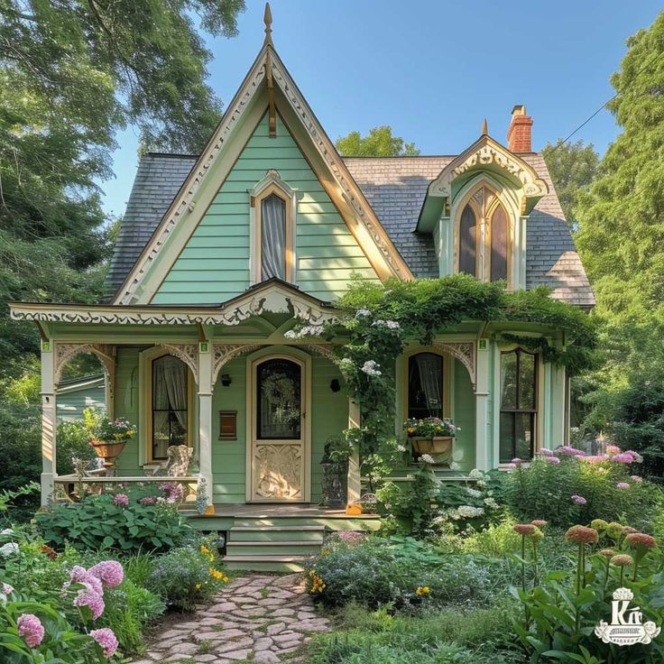 a green house surrounded by flowers and greenery