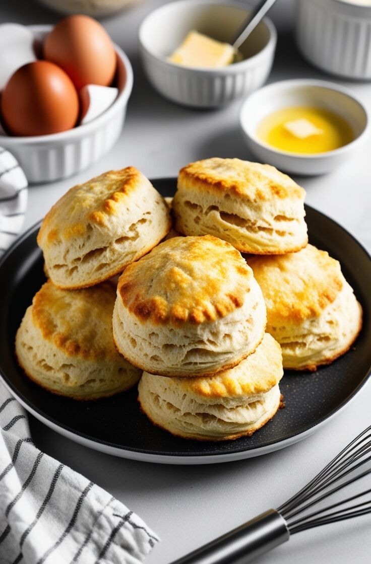 several biscuits on a plate with eggs, butter and other ingredients around the bowl in the background