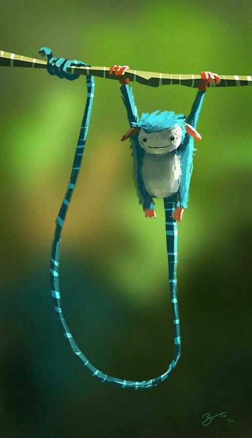 a painting of a blue monkey hanging from a rope with its head on it's back