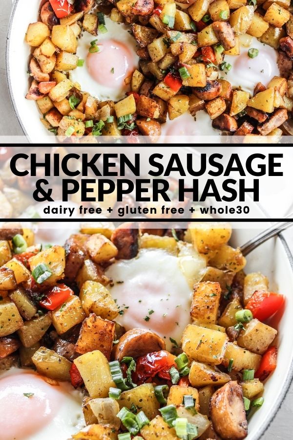 chicken sausage and pepper hash with eggs in a bowl