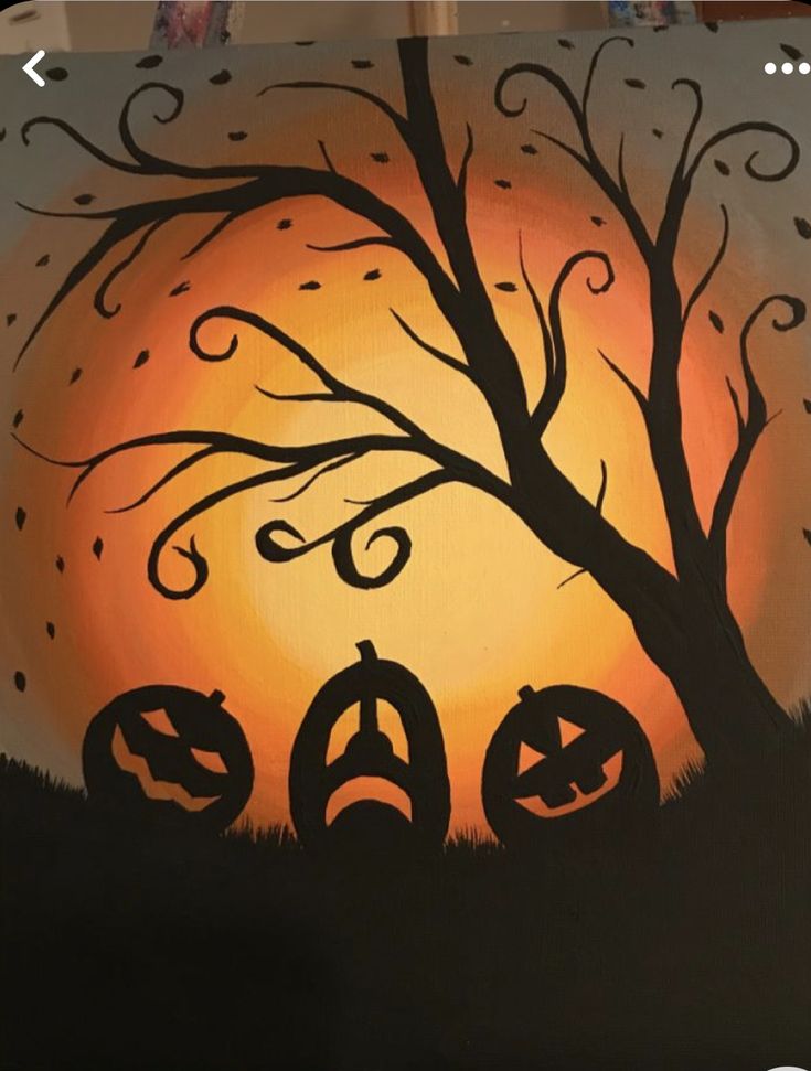 a painting of two pumpkins in front of a tree with the moon behind it