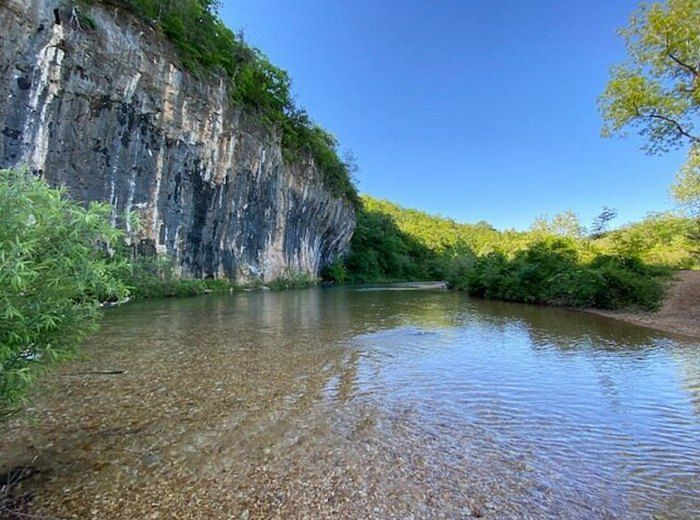 a river running through a lush green forest next to a rocky cliff face covered in greenery