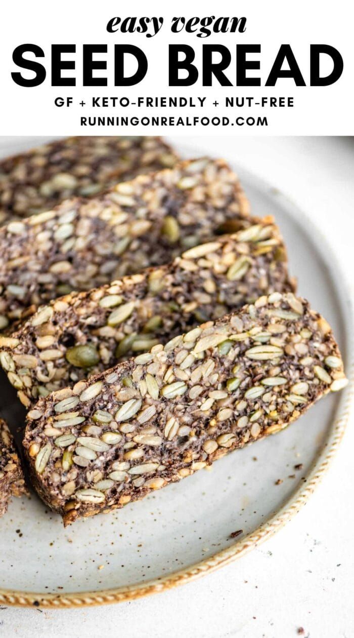 easy vegan seed bread on a plate with text overlay