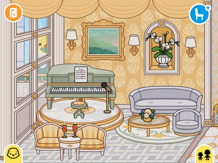 an animated living room with furniture and flowers on the table in front of a piano