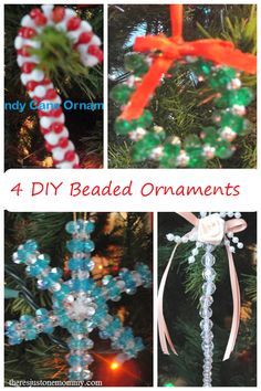 four different christmas ornaments made from beads