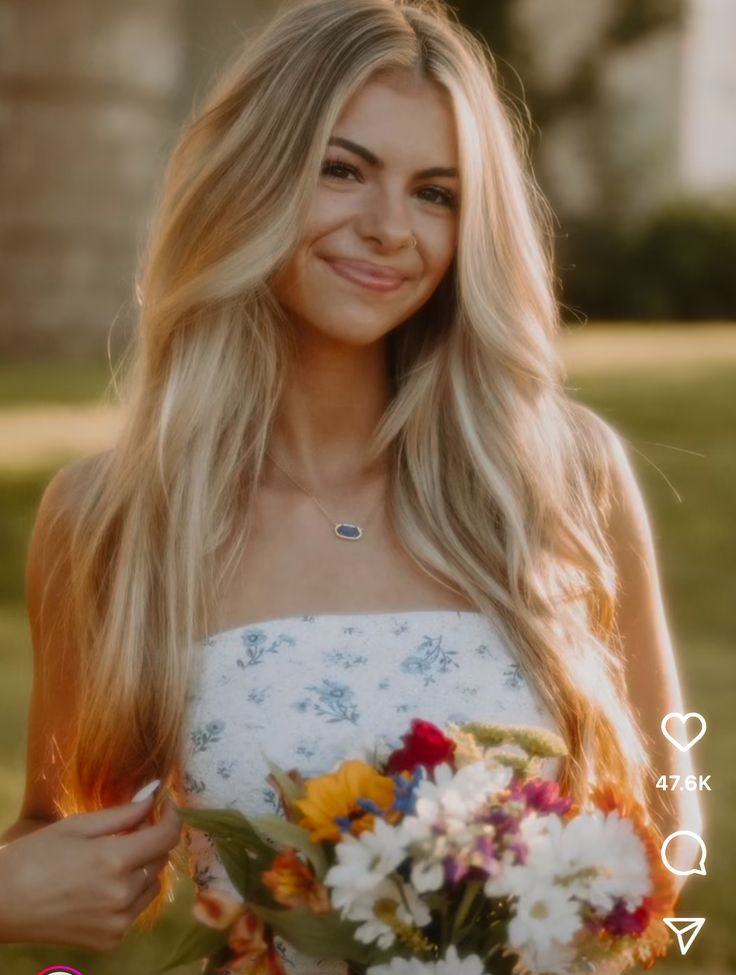 a woman with long blonde hair holding a bouquet of flowers