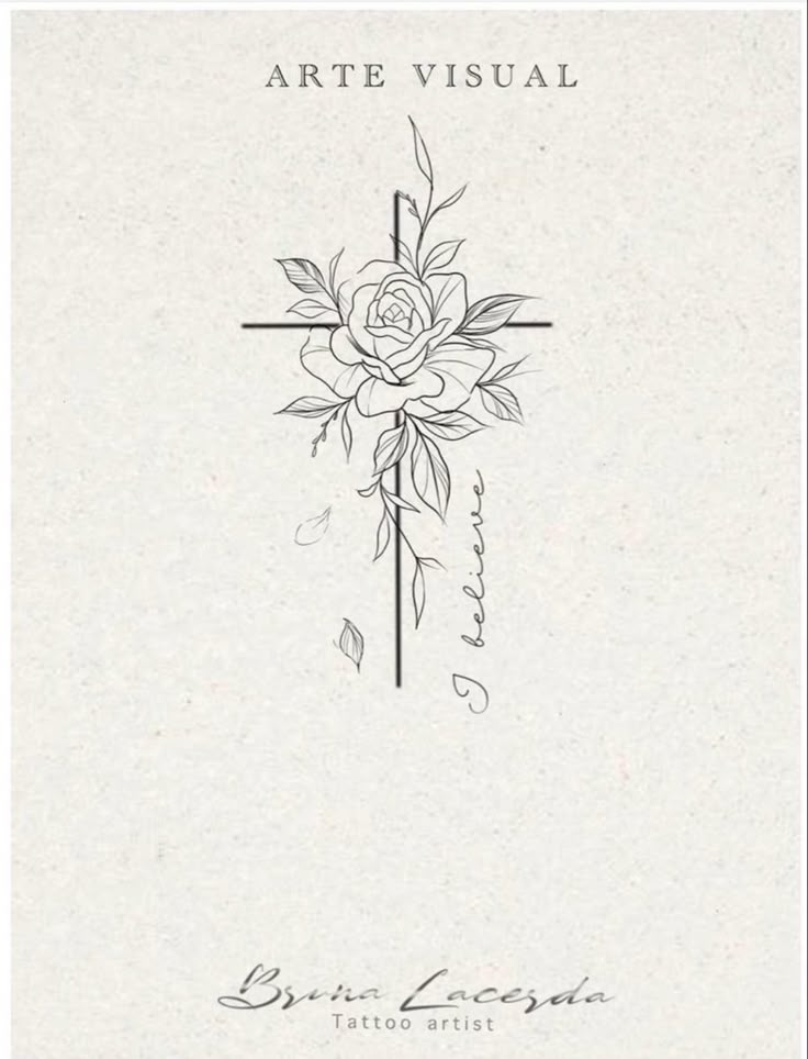 a cross with flowers on it and the words artie visual written in cursive writing