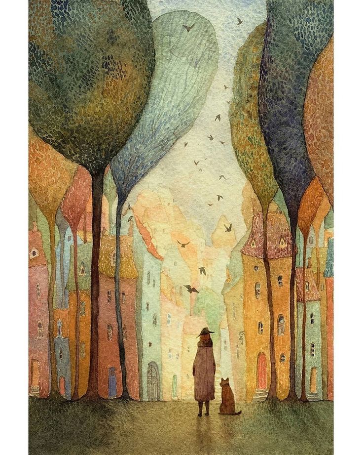 a woman and her dog are standing in the middle of an alley with trees on both sides