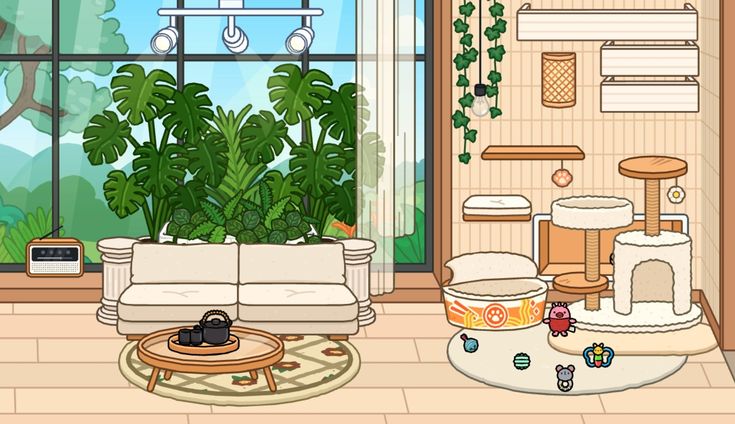 a living room filled with furniture and plants