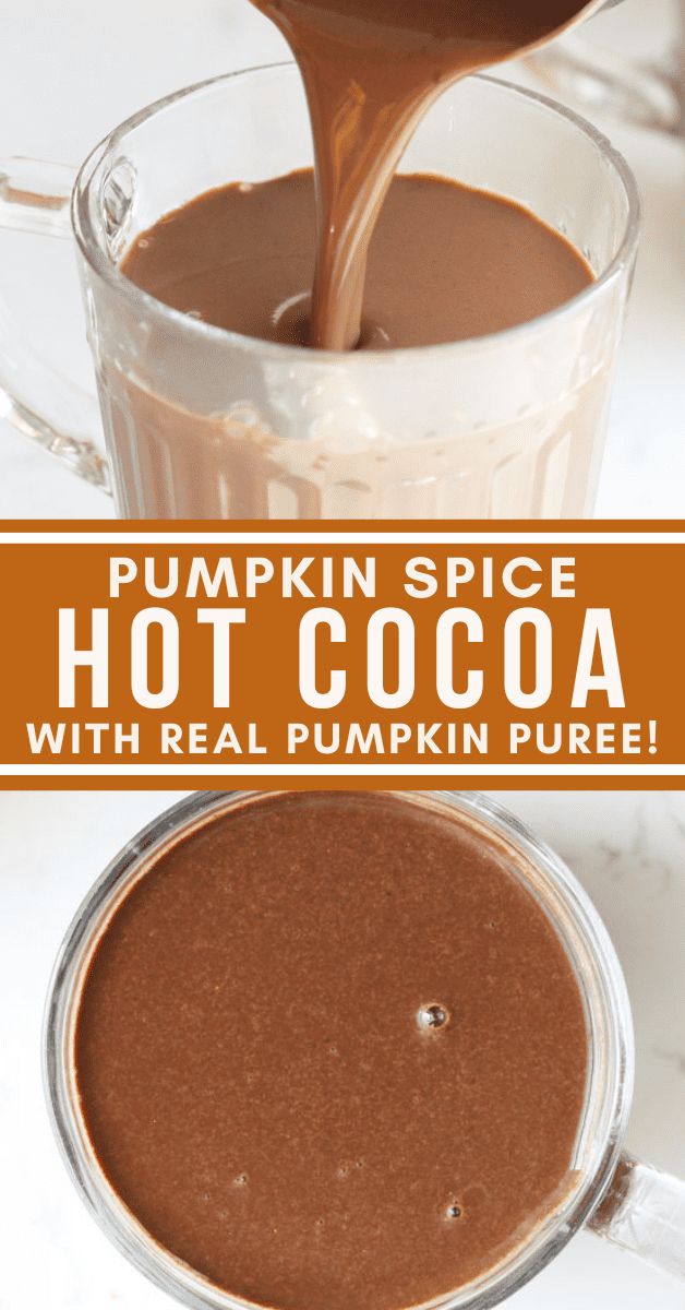 pumpkin spice hot cocoa with real pumpkin puree is being poured into a glass mug