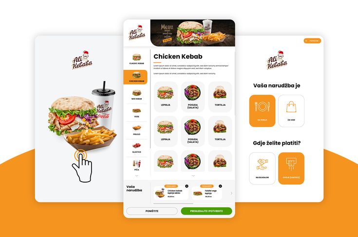 two screens showing the menus and ordering options for fast food restaurants, including chicken kebab