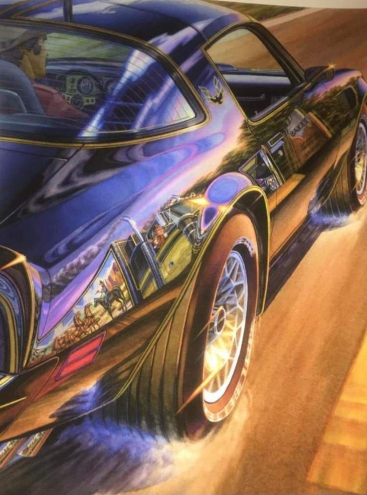 a painting of a car driving down the road with its hood up and lights on