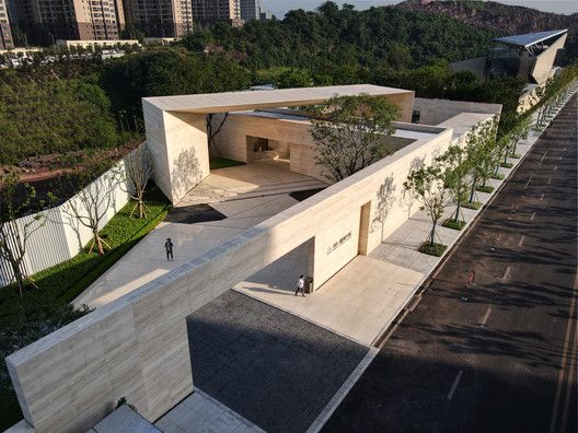 an aerial view of a building in the city