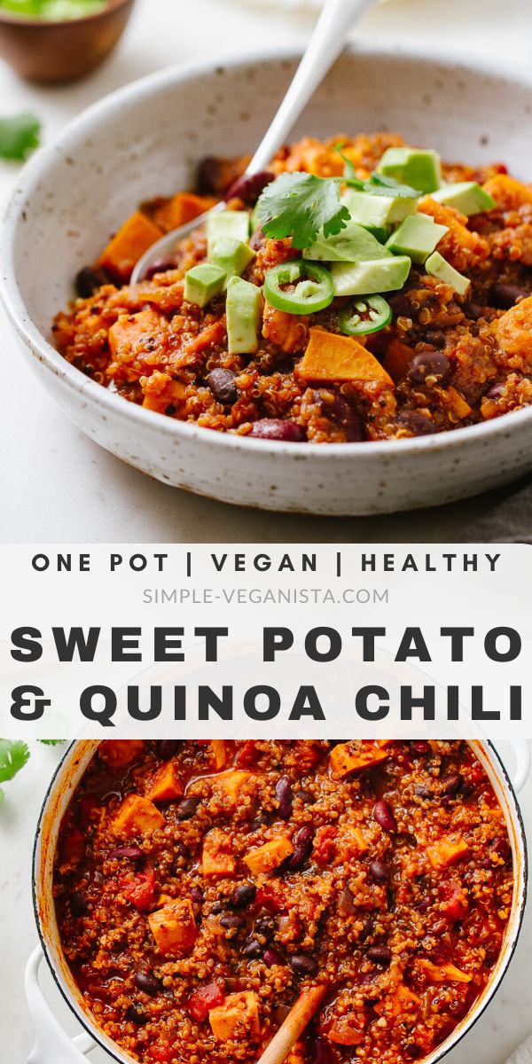 two bowls filled with sweet potato and quinoa chili